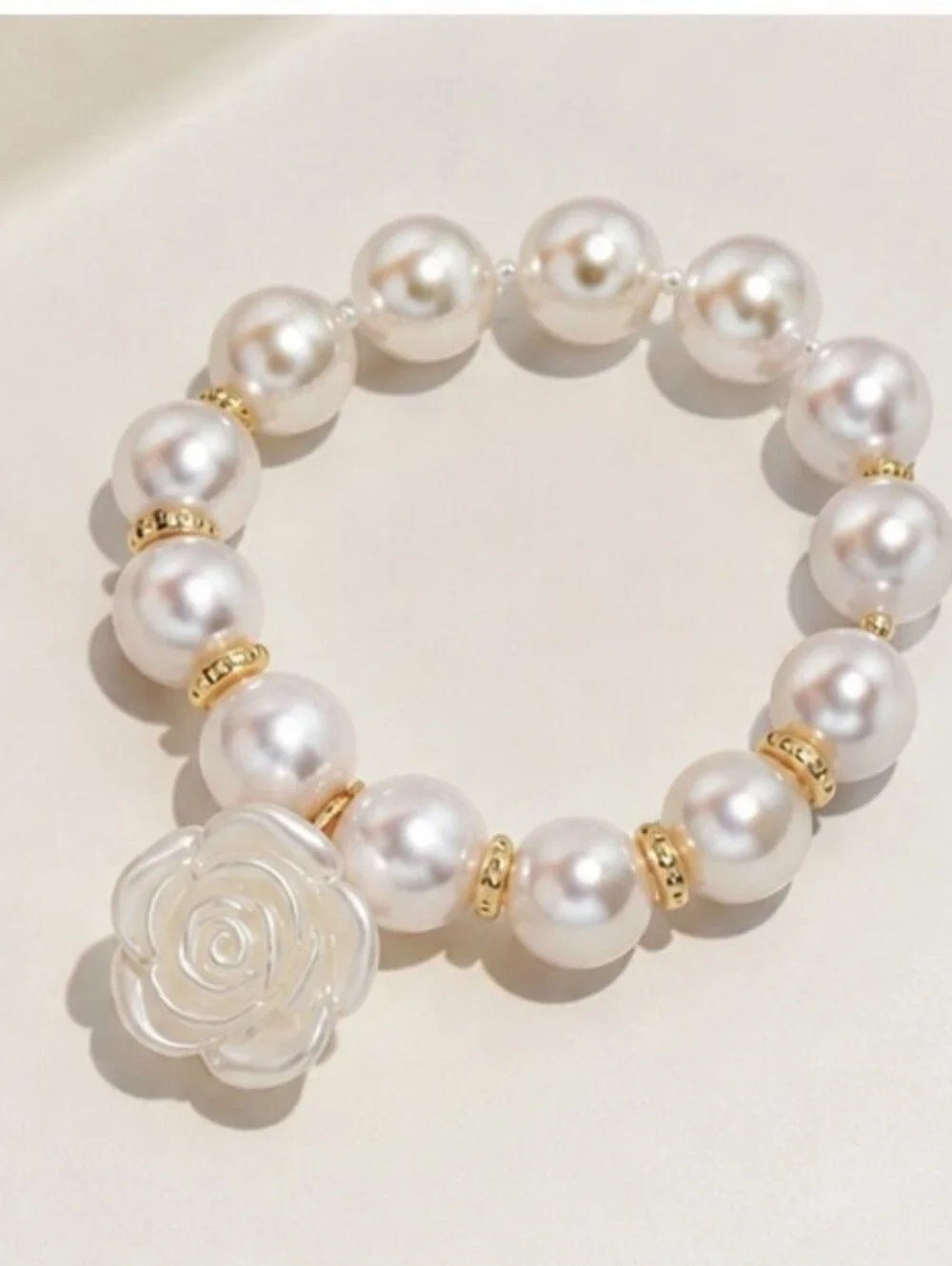 Pearl Rose Pendant Necklace & Bracelet Set with Ring - White Pearlescent